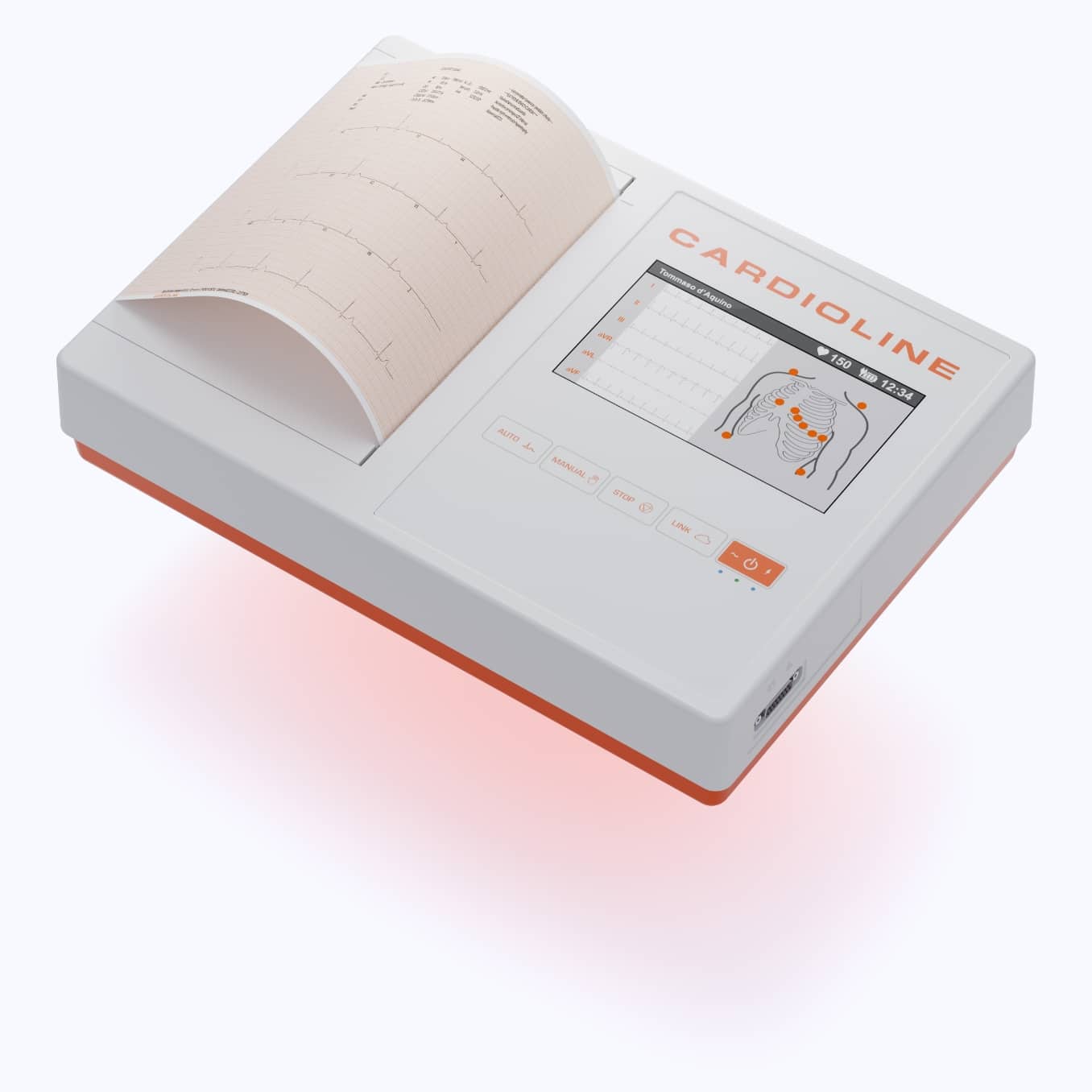 Cardioline ECG200L aanzicht schuin van voren 12 kanaals ecg, rust ecg, met touchscreen.